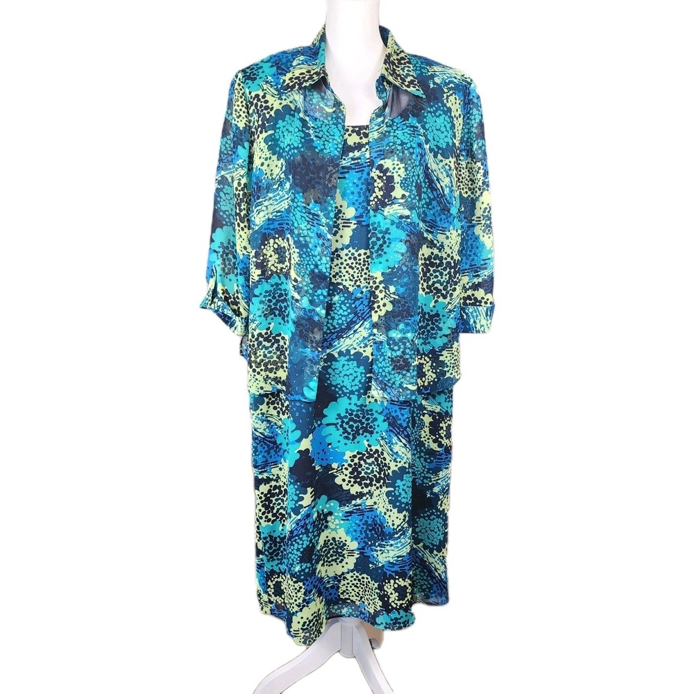 Dana Kay 2pc Midi Dress Set Womens 18W Blue Green Sheer Jacket‎ Boho Retro VTG